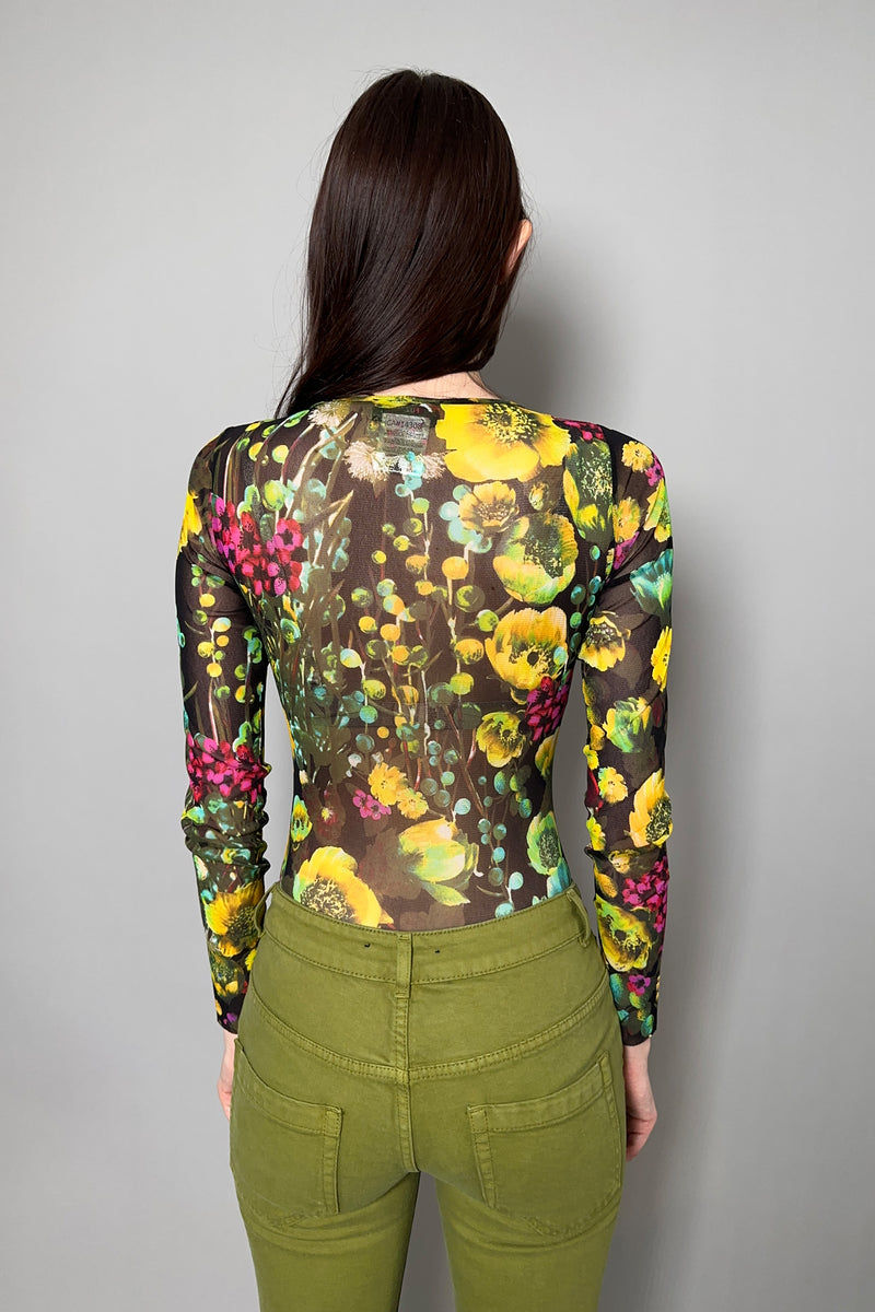 Fuzzi Floral Stretch Tulle Bodysuit in Yellow and Green Flowers - Ashia Mode - Vancouver, BC