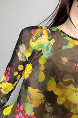 Fuzzi Floral Stretch Tulle Bodysuit in Yellow and Green Flowers - Ashia Mode - Vancouver, BC