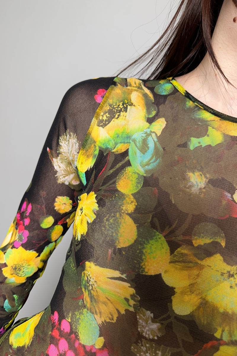 Fuzzi Floral Stretch Tulle Bodysuit in Yellow and Green Flowers - Ashia Mode - Vancouver, BC