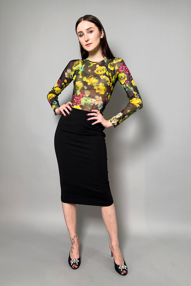 Fuzzi Floral Stretch Tulle Bodysuit in Yellow and Green Flowers - Ashia Mode - Vancouver, BC