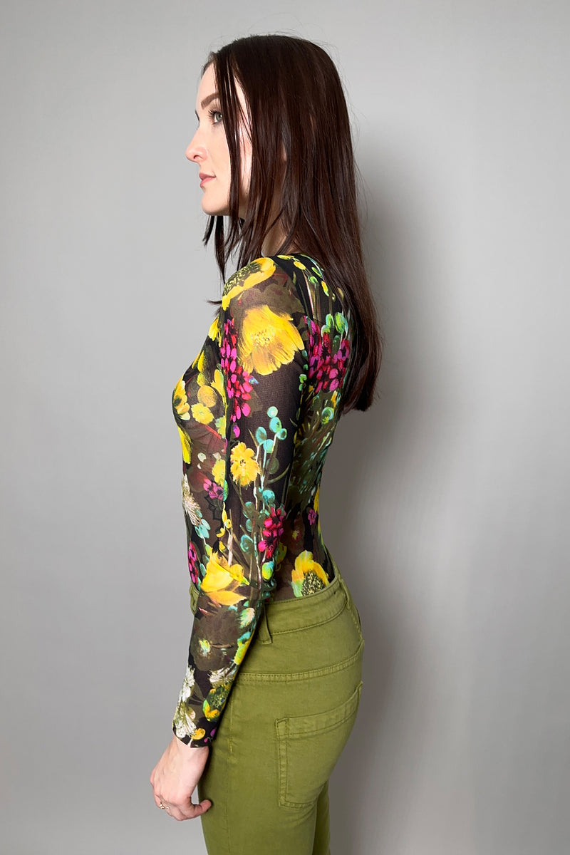 Fuzzi Floral Stretch Tulle Bodysuit in Yellow and Green Flowers - Ashia Mode - Vancouver, BC