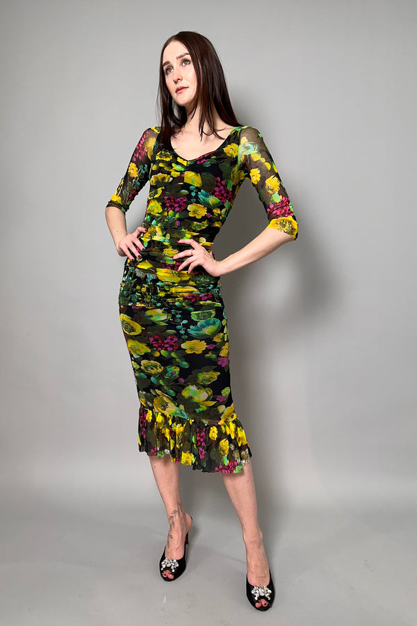 Fuzzi Ruched Floral Tulle Dress in Yellow and Green Vancouver. Shop Online or in Store.