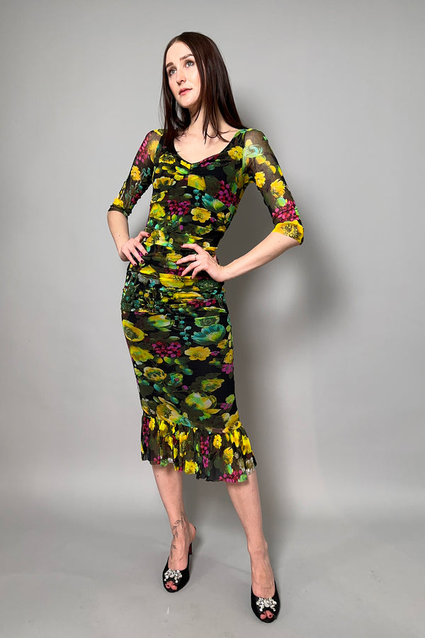 Fuzzi Ruched Floral Tulle Dress in Yellow and Green - Ashia Mode - Vancouver, BC