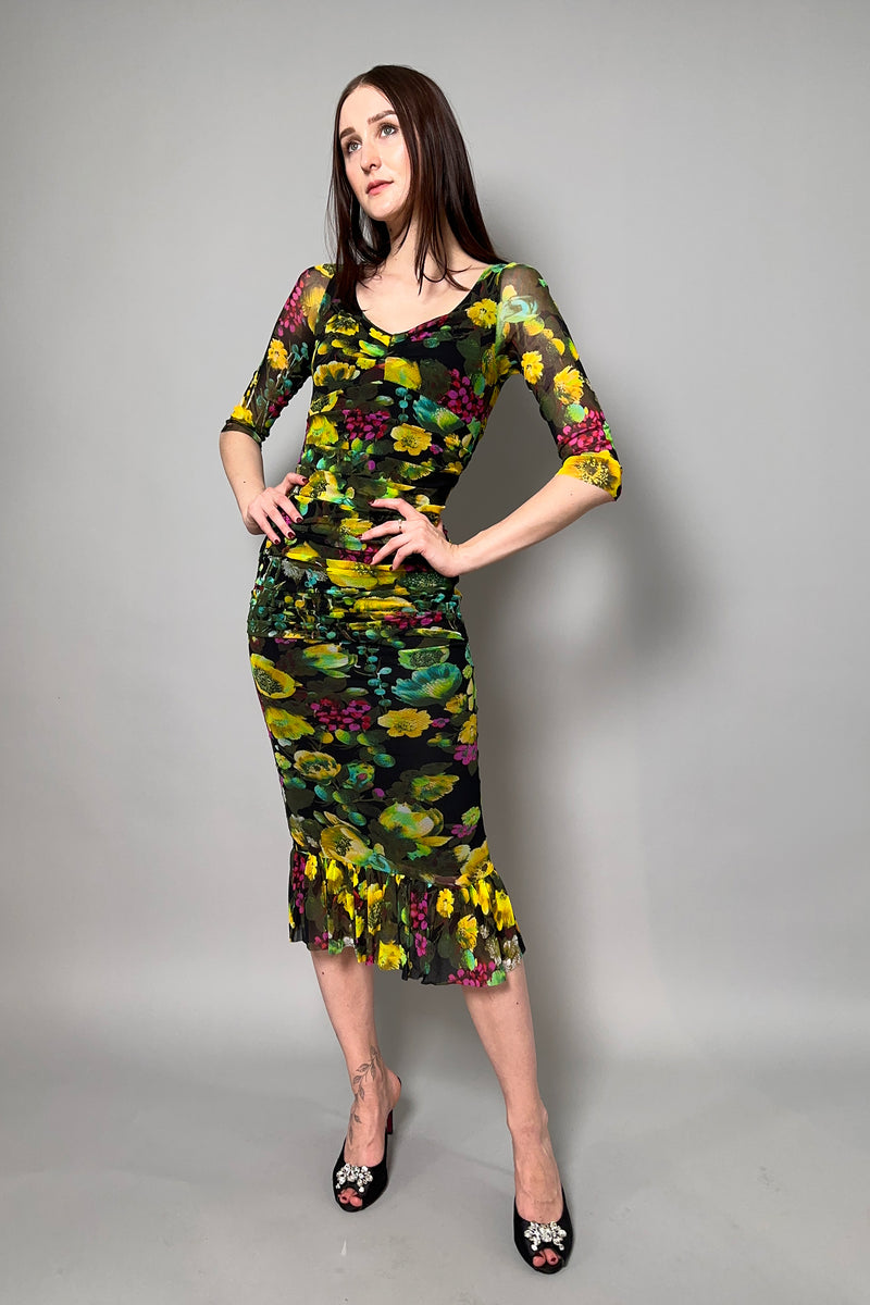 Fuzzi Ruched Floral Tulle Dress in Yellow and Green Vancouver. Shop Online or in Store.