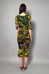 Fuzzi Ruched Floral Tulle Dress in Yellow and Green - Ashia Mode - Vancouver, BC