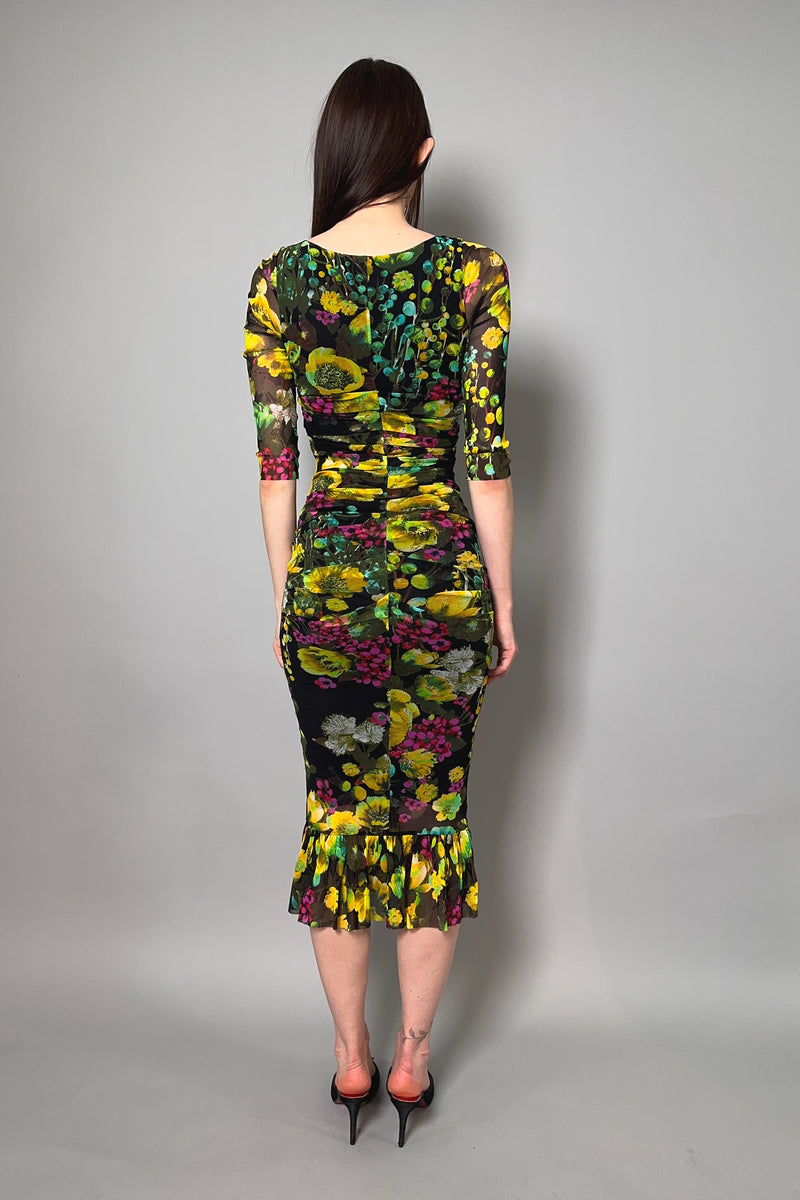 Fuzzi Ruched Floral Tulle Dress in Yellow and Green Vancouver. Shop Online or in Store.
