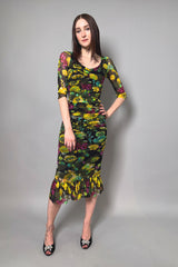 Fuzzi Ruched Floral Tulle Dress in Yellow and Green