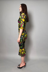 Fuzzi Ruched Floral Tulle Dress in Yellow and Green - Ashia Mode - Vancouver, BC
