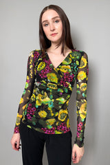 Fuzzi Stretch Tulle Wrap Effect Top in Yellow and Green Flowers - Ashia Mode - Vancouver, BC