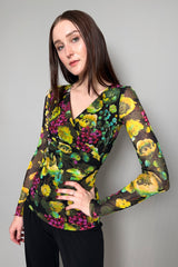 Fuzzi Stretch Tulle Wrap Effect Top in Yellow and Green Flowers - Ashia Mode - Vancouver, BC