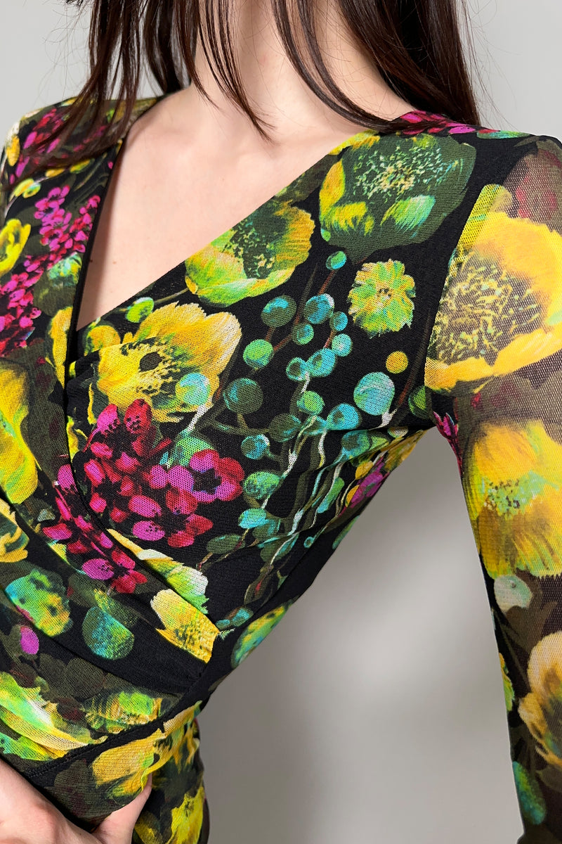 Fuzzi Stretch Tulle Wrap Effect Top in Yellow and Green Flowers - Ashia Mode - Vancouver, BC