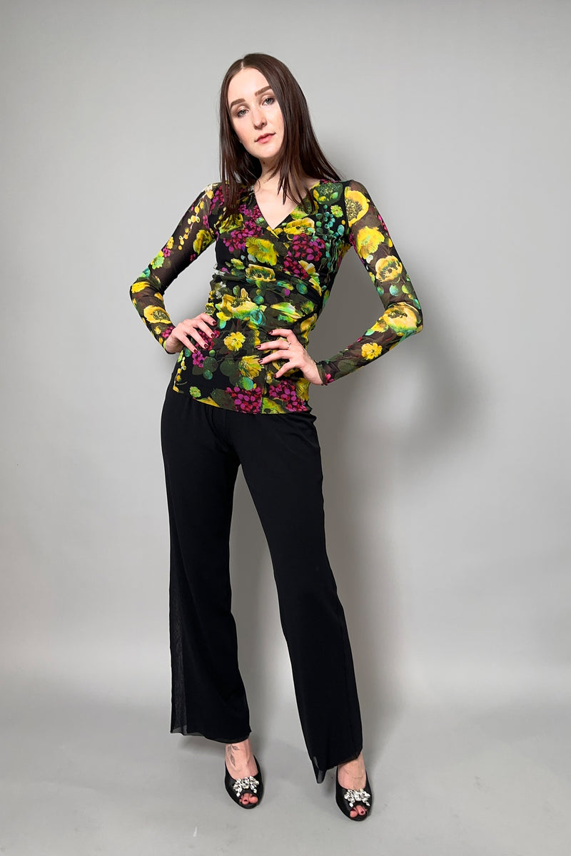 Fuzzi Stretch Tulle Wrap Effect Top in Yellow and Green Flowers - Ashia Mode - Vancouver, BC