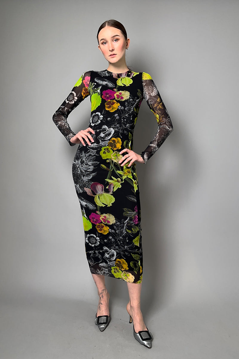 Fuzzi Round Neck Stretch Tulle Dress in Multi-Colour Floral Print- Ashia Mode- Vancouver, BC