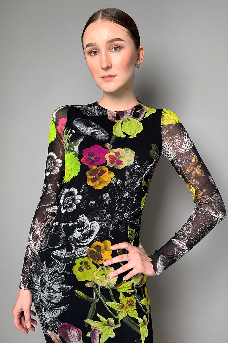 Fuzzi Round Neck Stretch Tulle Dress in Multi-Colour Floral Print- Ashia Mode- Vancouver, BC