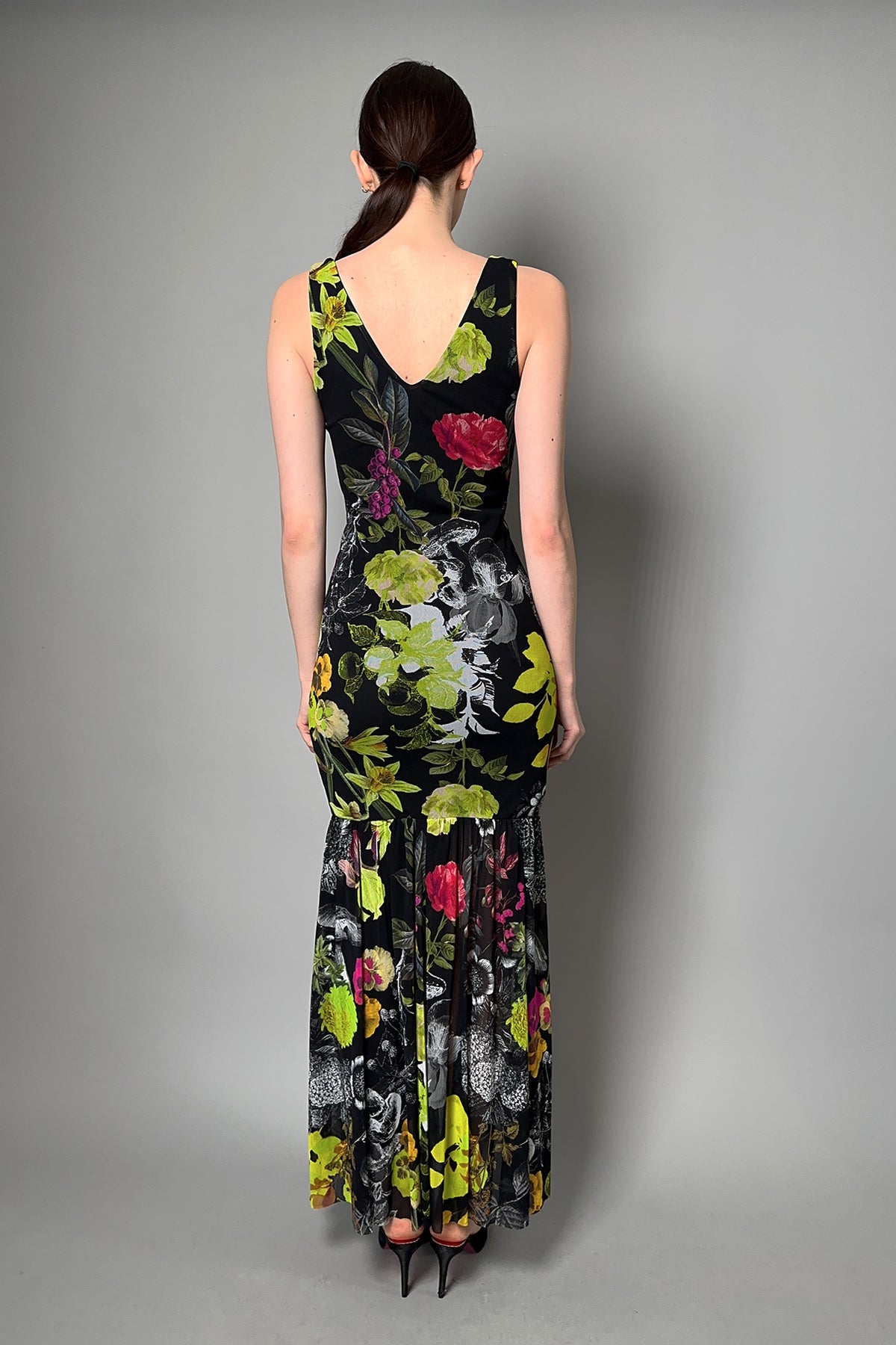 Fuzzi Stretch Tulle V-neck Multi-Colour Floral Print Dress