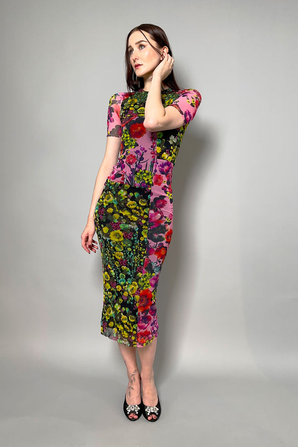 Fuzzi Patchwork Stretch-Tulle Dress in Pink and Yellow Flowers - Ashia Mode - Vancouver, BC