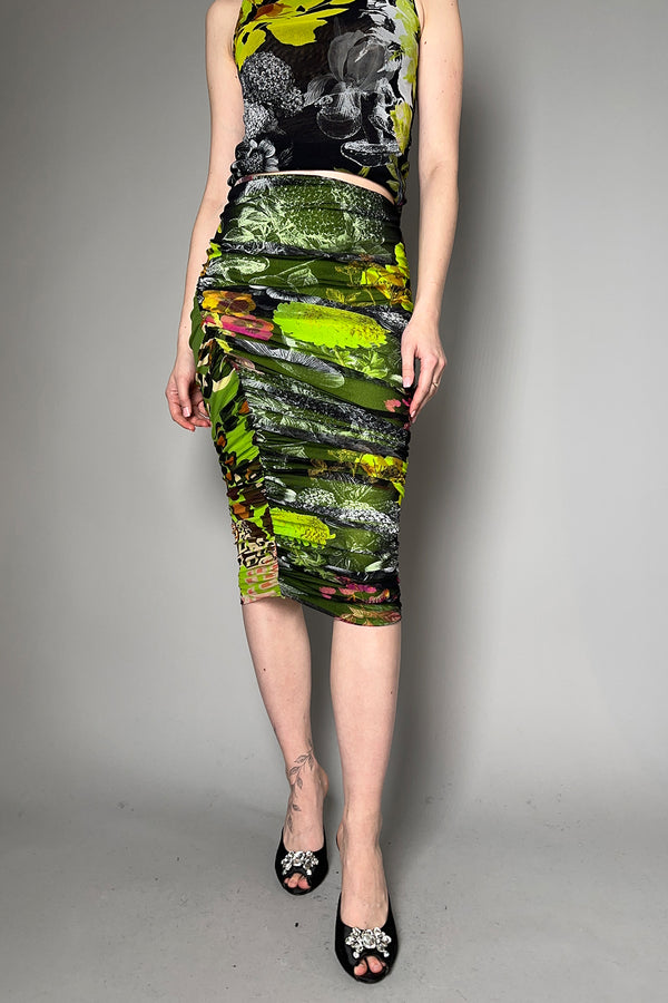 Fuzzi Multi-Colour Print Ruched Tulle Midi Skirt
