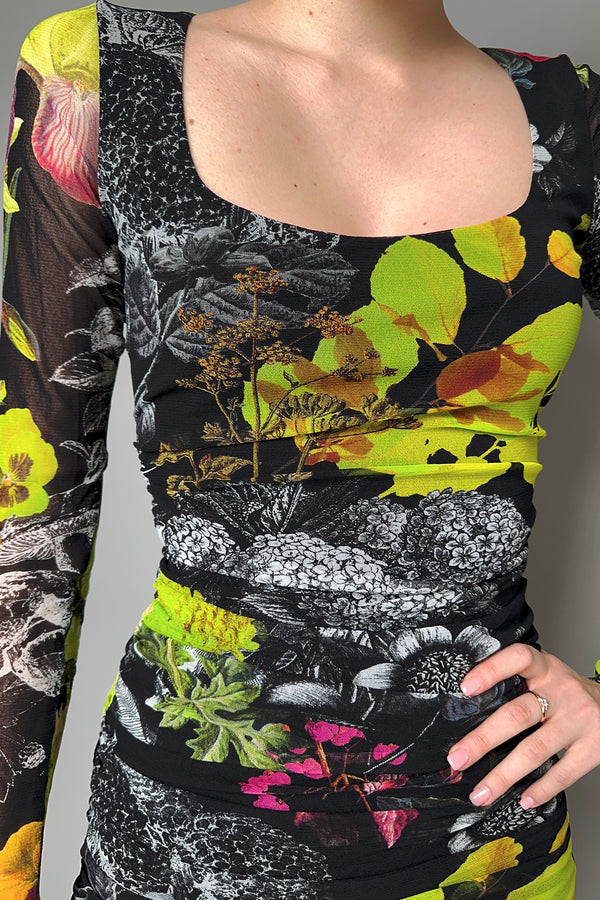 Fuzzi Ruched Multi-Colour Floral Print Tulle Dress- Ashia Mode- Vancouver, BC
