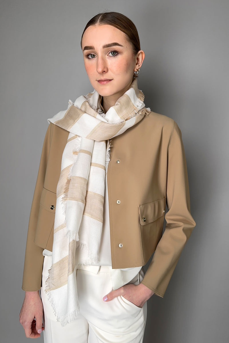 Lorena Antoniazzi Cotton Scarf in White and Camel- Ashia Mode- Vancouver, BC