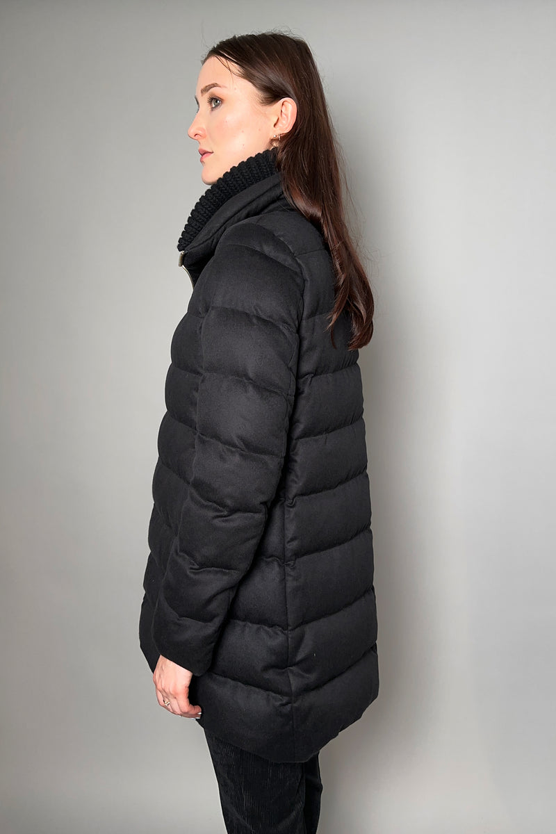 Herno Silk Cashmere Padded Coat with Knit Collar in Black