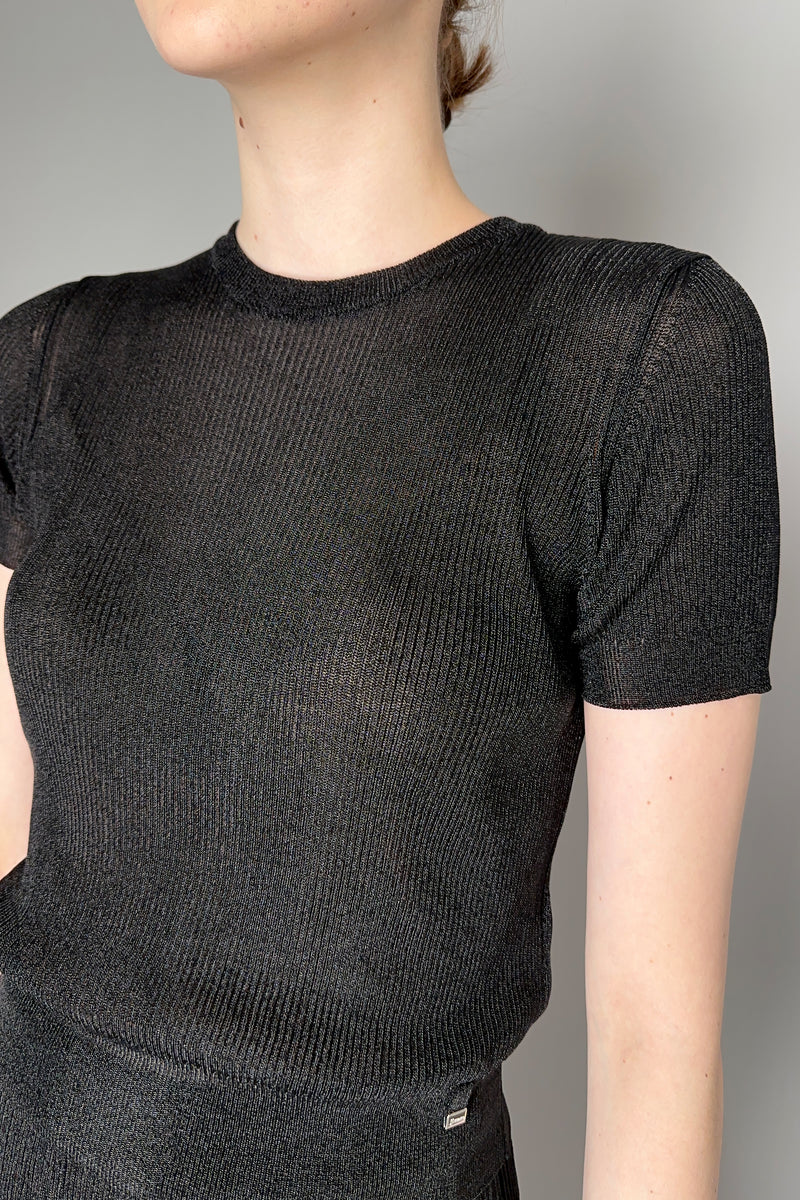 Herno Knitted Fluid Stretch Cropped T-shirt in Black Lurex