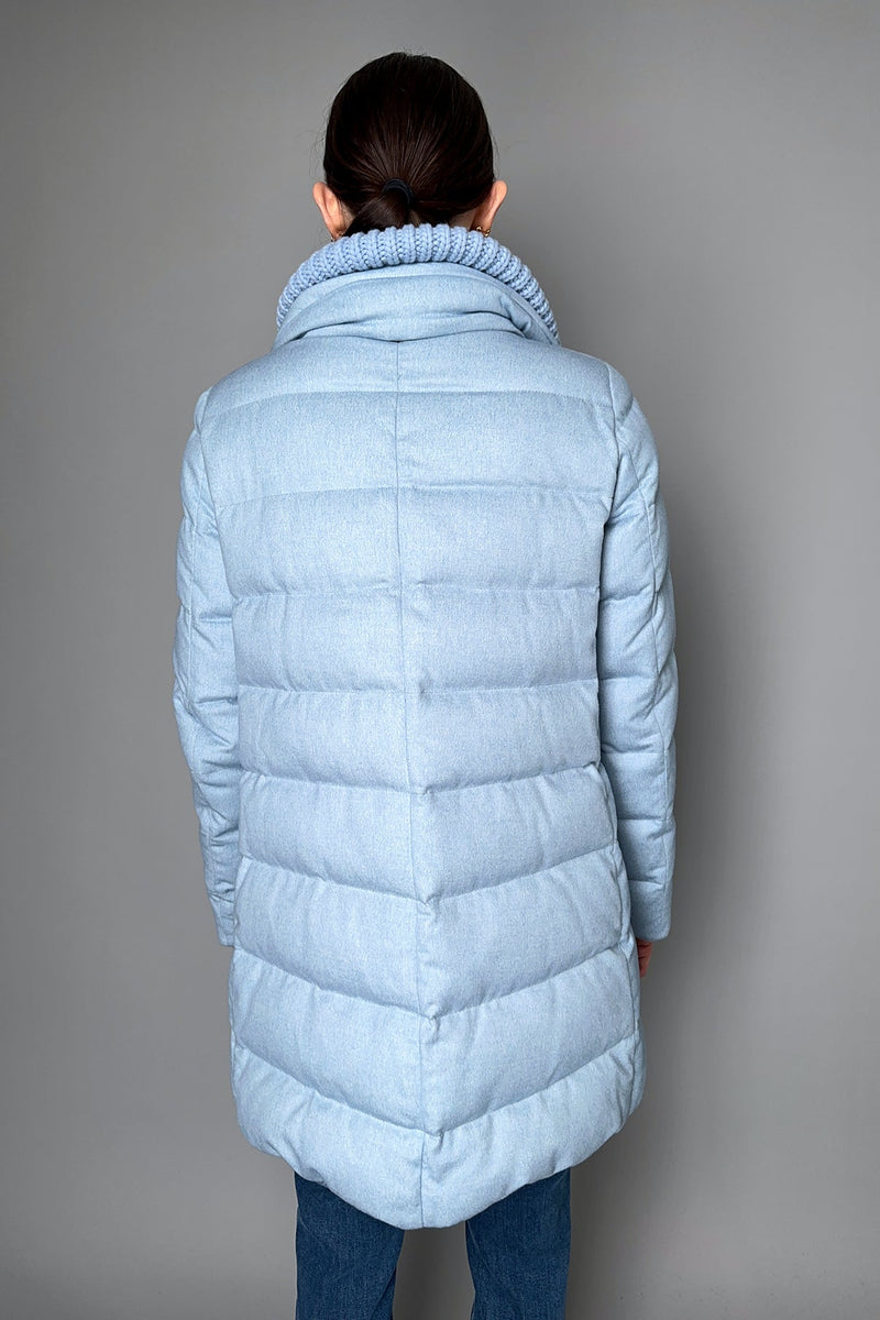 Herno Silk Cashmere Padded Coat with Knit Collar in Sky Blue