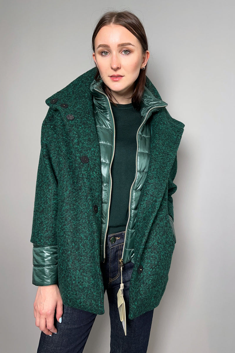 Herno Felt Wool Coat in Green and Black Melange with Down Puffer Inserts