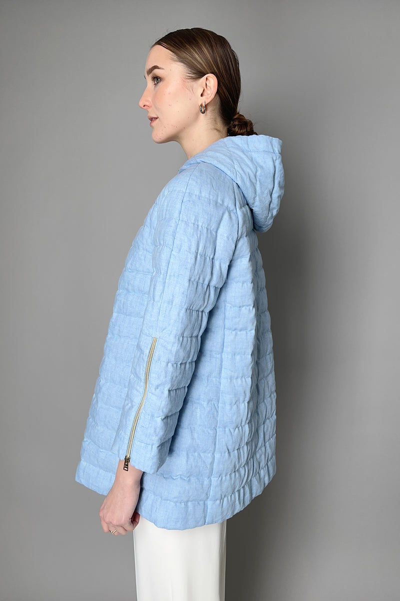 Herno Padded Denim-Like Hooded Linen Jacket in Pastel Blue- Ashia Mode- Vancouver, BC