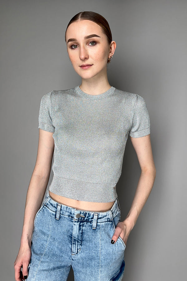 Herno Knitted Fluid Stretch Cropped T-shirt in Silver Lurex