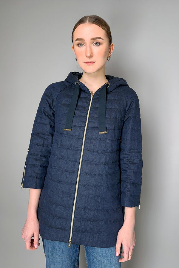 Herno Padded Denim-Like Hooded Linen Jacket in Navy- Ashia Mode- Vancouver, BC