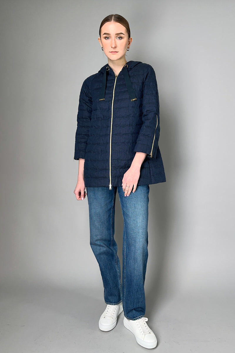 Herno Padded Denim-Like Hooded Linen Jacket in Navy- Ashia Mode- Vancouver, BC