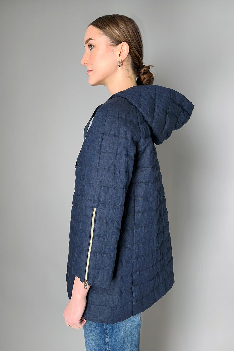 Herno Padded Denim-Like Hooded Linen Jacket in Navy- Ashia Mode- Vancouver, BC