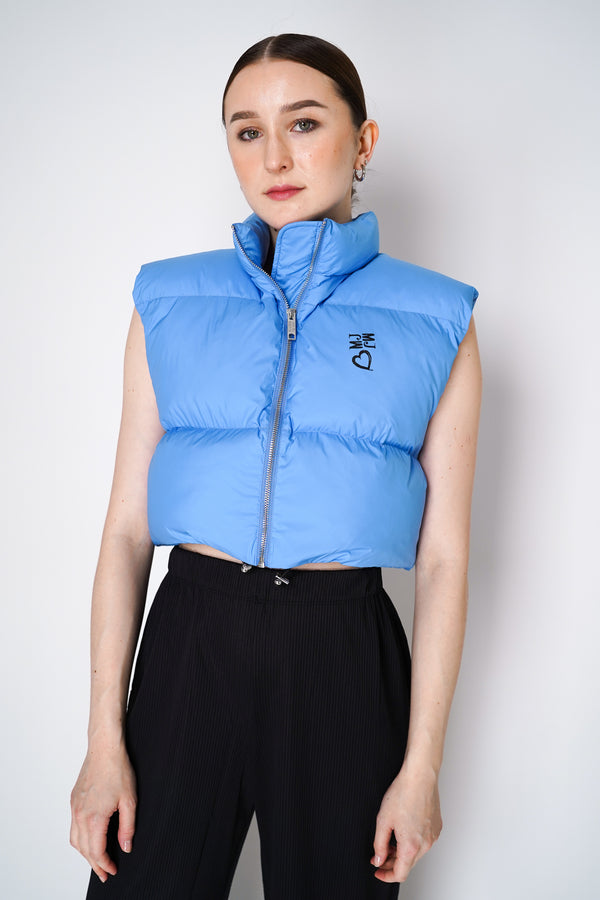 Moschino Jeans Cropped Padded Puffy Vest in Sky Blue Vancouver. Shop Online or in Store.