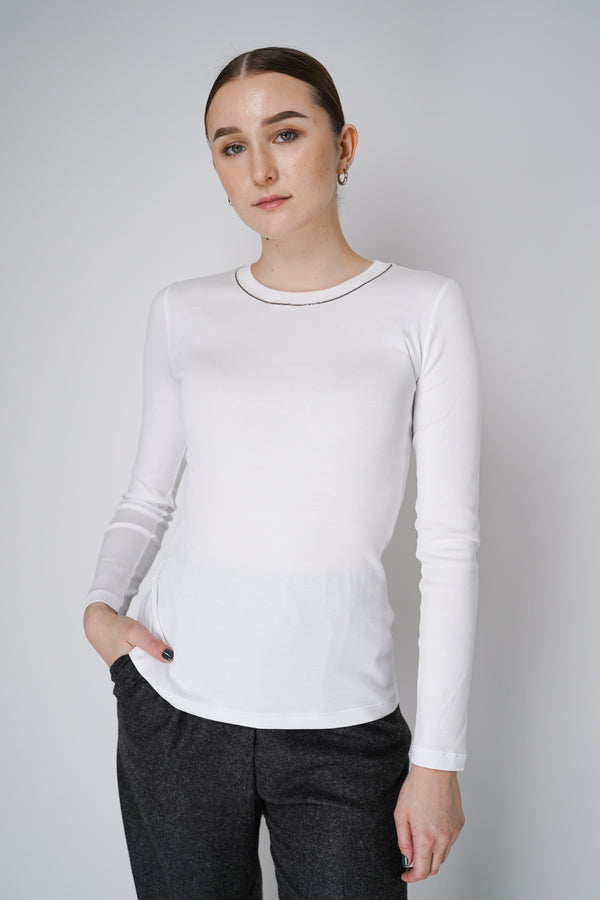 Peserico Jersey Long Sleeve Top in with Brilliant Beading in White Vancouver. Shop Online or in Store.