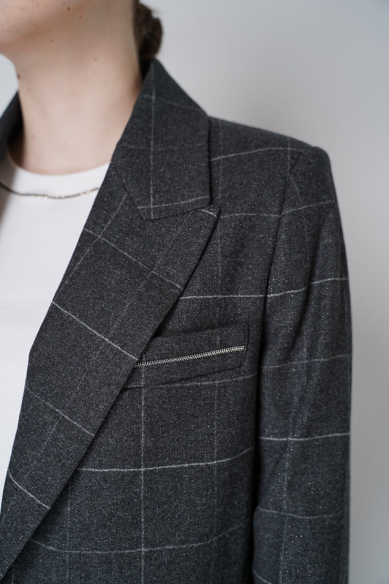 Peserico Plaid Wool Blazer with Lurex Plaid in Grey Vancouver. Shop Online or in Store.