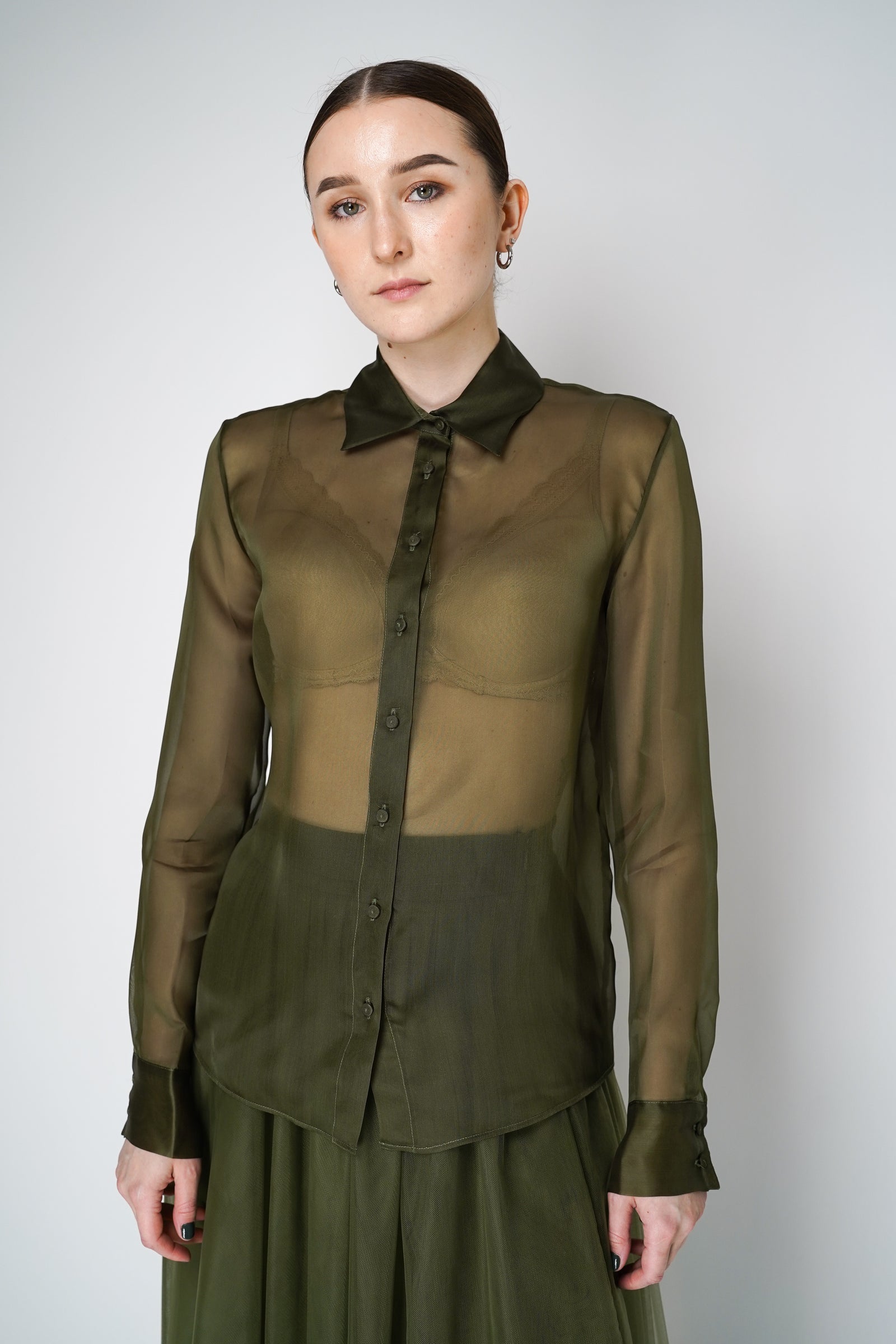 Fabiana Filippi Silk Organza Button-Up Blouse in Loden Green