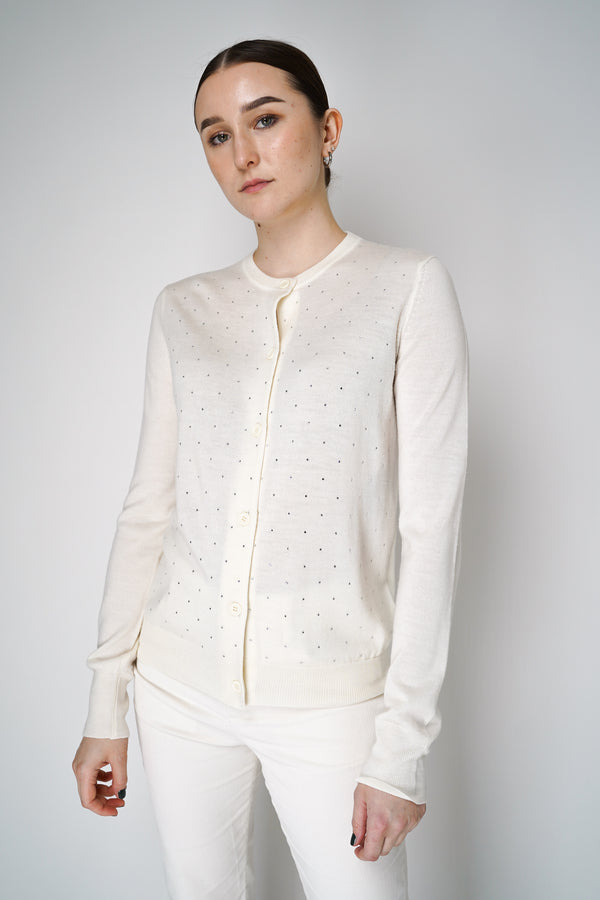 Fabiana Filippi Merino Wool Knitted Cardigan with Rhinestone Details in Off-White Vancouver. Shop Online or in Store.