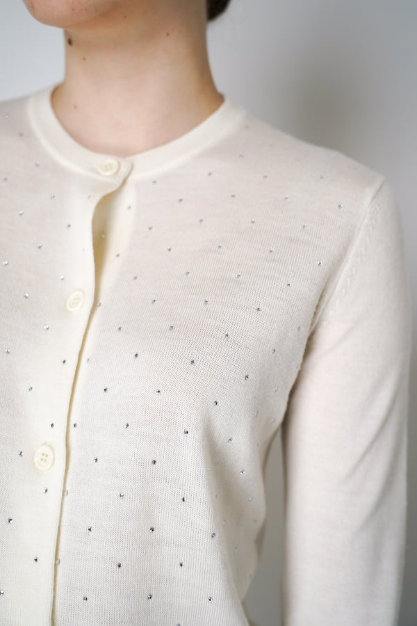 Fabiana Filippi Merino Wool Knitted Cardigan with Rhinestone Details in Off-White Vancouver. Shop Online or in Store.