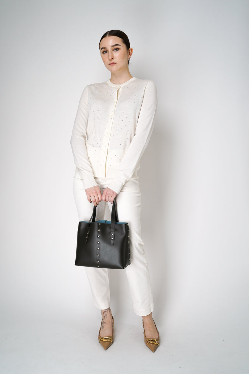 Fabiana Filippi Merino Wool Knitted Cardigan with Rhinestone Details in Off-White Vancouver. Shop Online or in Store.