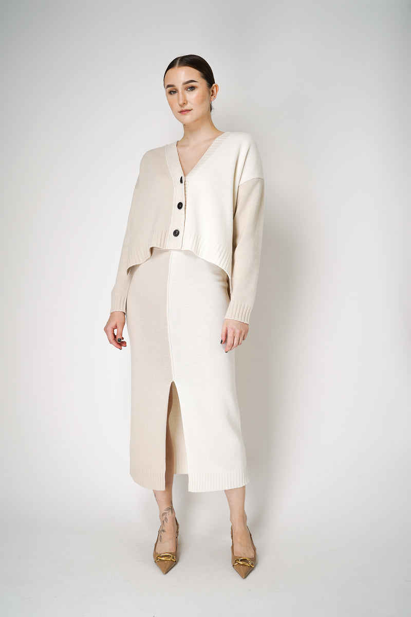 Lorena Antoniazzi Bi-Color Knit Midi Skirt with Beige and White Color Blocking Vancouver. Shop Online or in Store.