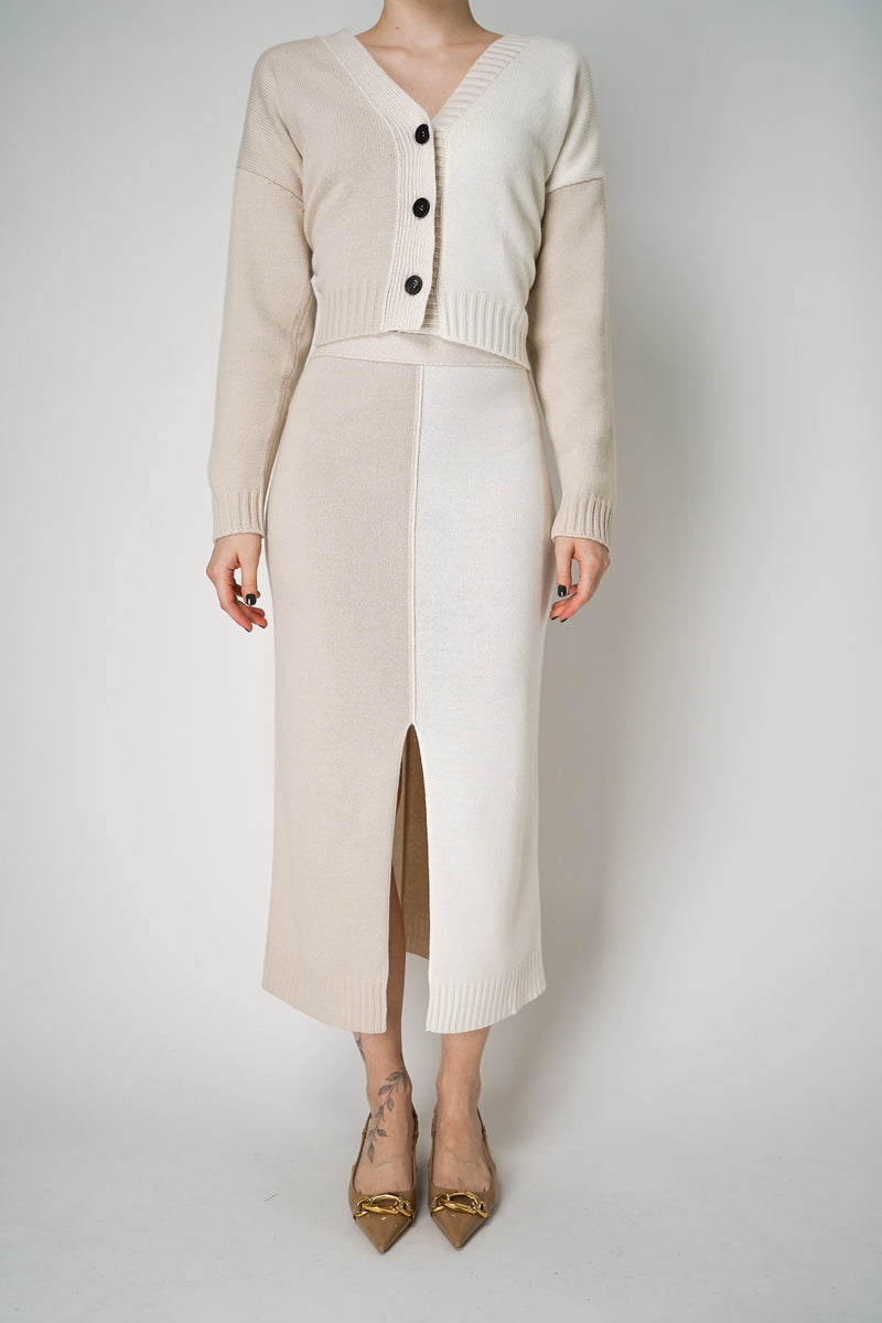 Lorena Antoniazzi Bi-Color Knit Midi Skirt with Beige and White Color Blocking Vancouver. Shop Online or in Store.