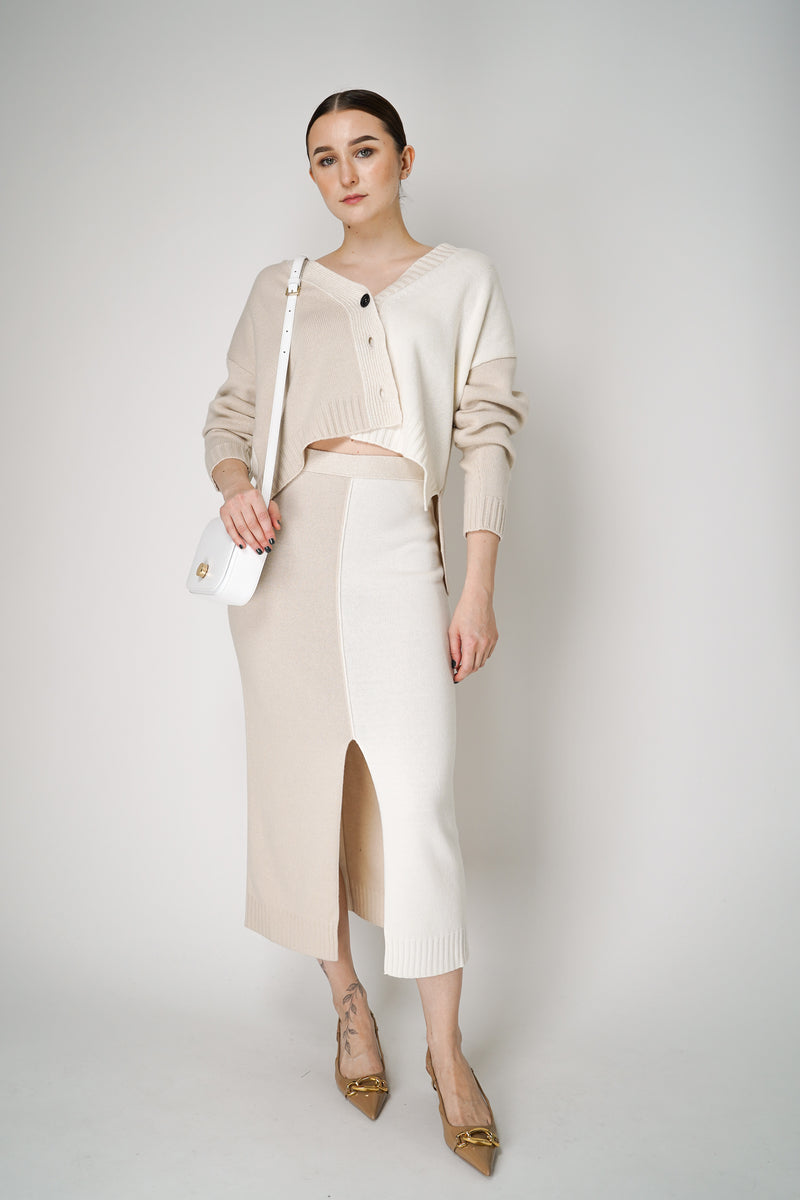 Lorena Antoniazzi Bi-Color Knit Midi Skirt with Beige and White Color Blocking Vancouver. Shop Online or in Store.
