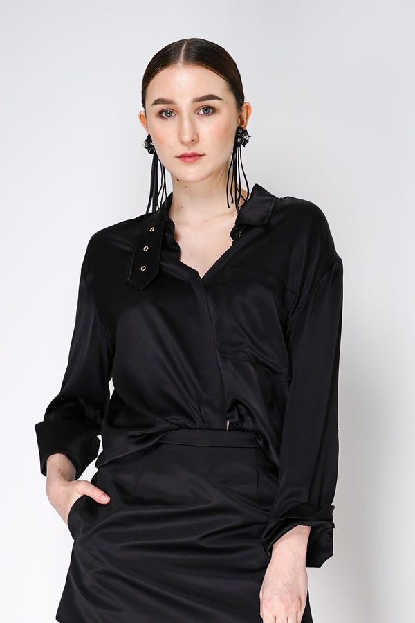 Dorothee Schumacher Silk Charmeuse Blouse with Collar Detail in Black Vancouver. Shop Online or in Store.