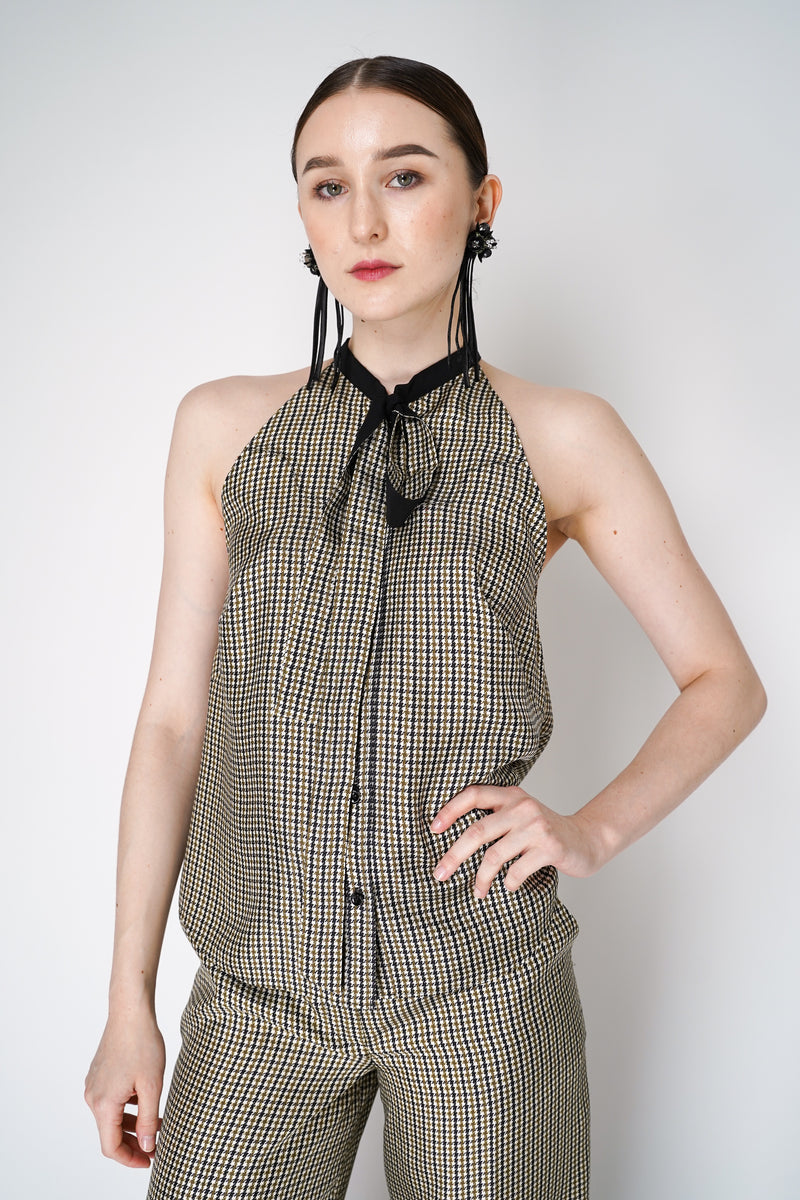 Dorothee Schumacher Houndstooth Check Silk Halter Top in Leguan Green Vancouver. Shop Online or in Store.