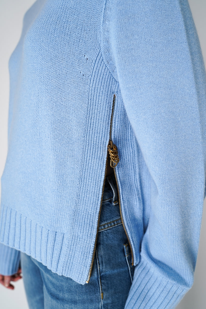Dorothee Schumacher Cashmere Blend Knitted Pullover with Decorative Zipper Details in Blue Bell Vancouver. Shop Online or in Store.