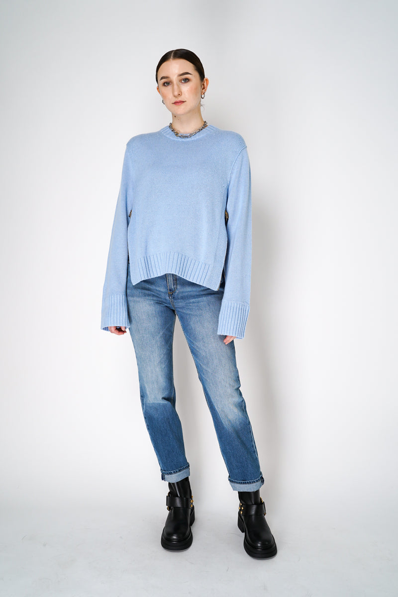 Dorothee Schumacher Cashmere Blend Knitted Pullover with Decorative Zipper Details in Blue Bell Vancouver. Shop Online or in Store.