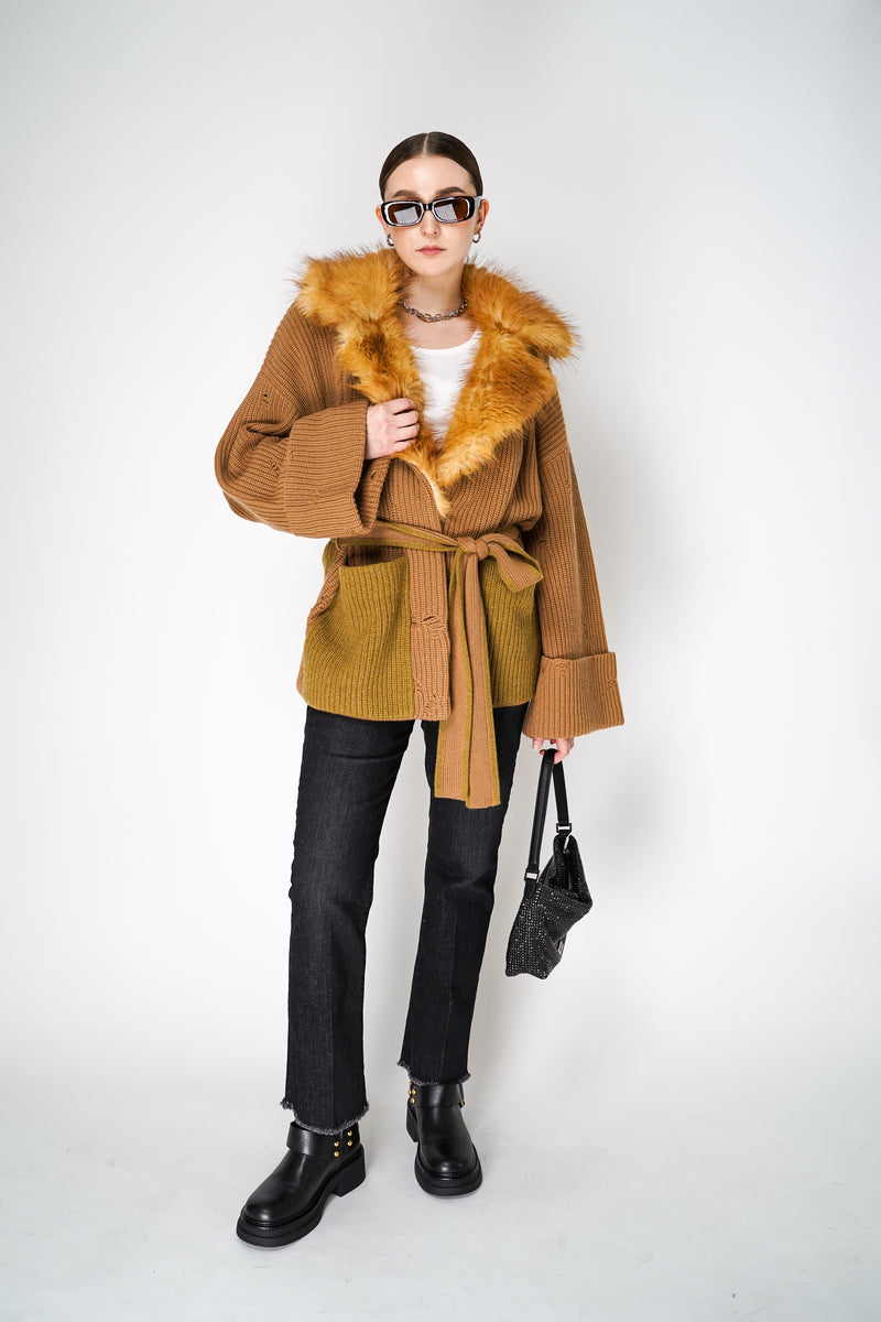 Dorothee Schumacher Cashmere Blend Knitted Cardigan with Fur Lapels in Camel Mix Vancouver. Shop Online or in Store.
