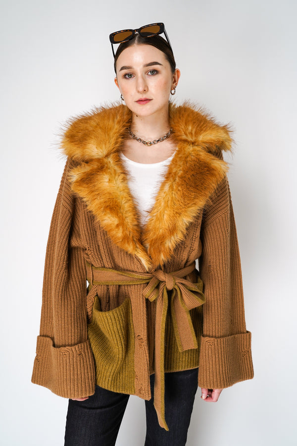 Dorothee Schumacher Cashmere Blend Knitted Cardigan with Fur Lapels in Camel Mix Vancouver. Shop Online or in Store.