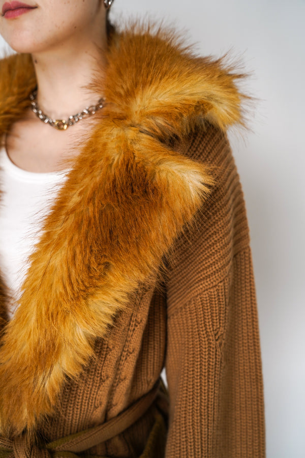 Dorothee Schumacher Cashmere Blend Knitted Cardigan with Fur Lapels in Camel Mix Vancouver. Shop Online or in Store.