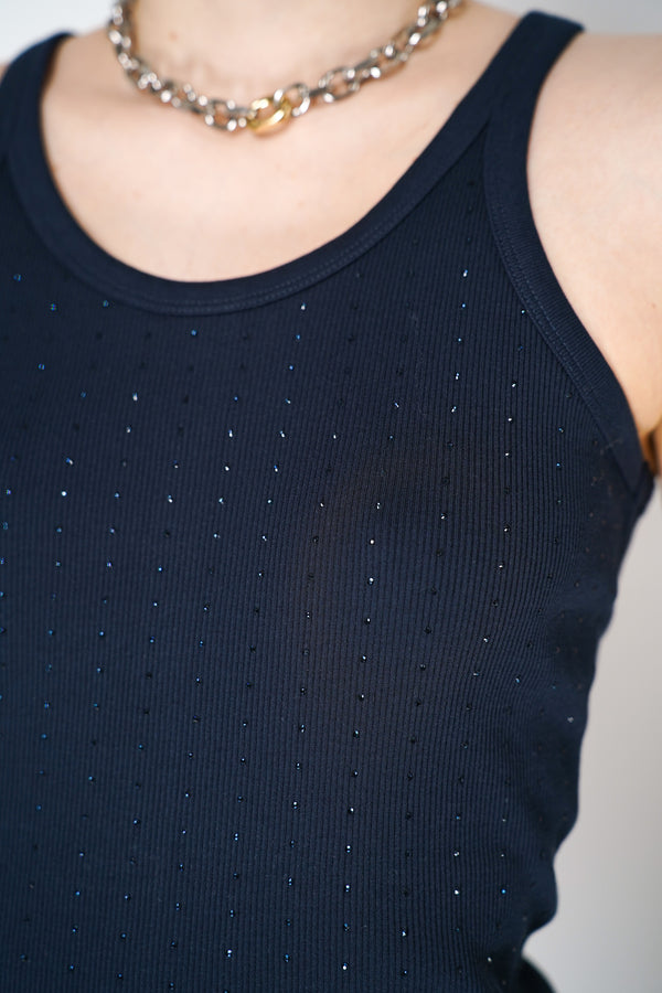 Dorothee Schumacher Ribbed Cotton Tank Top with Rhinestone Details in Navy Vancouver. Shop Online or in Store.
